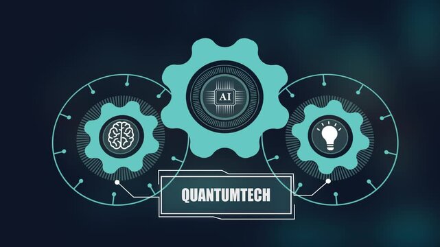 Quantumtech concept with artificial intelligence, digital gears and lightbulb icon for advanced quantum computing and smart technology innovation.