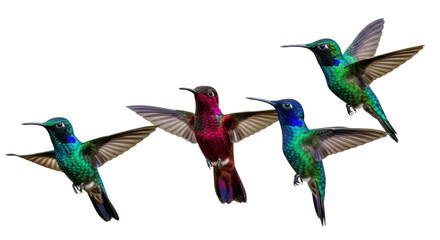 Fototapeta premium Four colorful hummingbirds flying PNG isolated on transparent background, vibrant tropical birds with iridescent feathers in dynamic poses