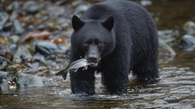 Black bear catching fish in river with focus on wildlife and natural habitat