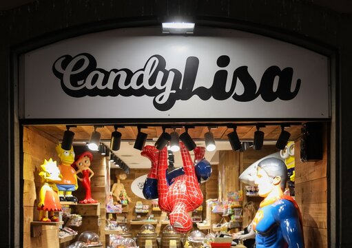 Naples, Italy - 5. March 2026: CandyLisa store window displaying pop culture characters