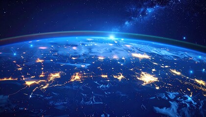 Fototapeta premium A glowing 3d blue globe orbits the deep cosmos of a star-filled universe where the sun lights the atmosphere of a vast galactic space background featuring stars and the earth at night