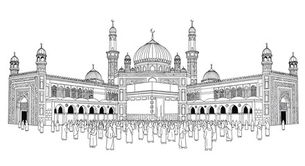 Obraz premium Mosque illustration with people praying, Islamic architecture