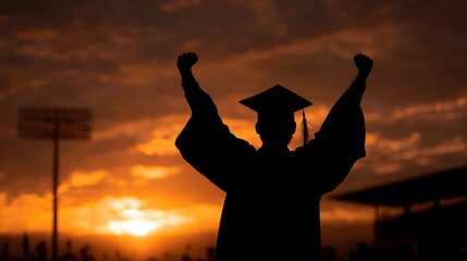 Fototapeta premium Silhouette of graduate student raising arms at sunset wearing graduation cap. Education achievement, success and academic graduation concept.