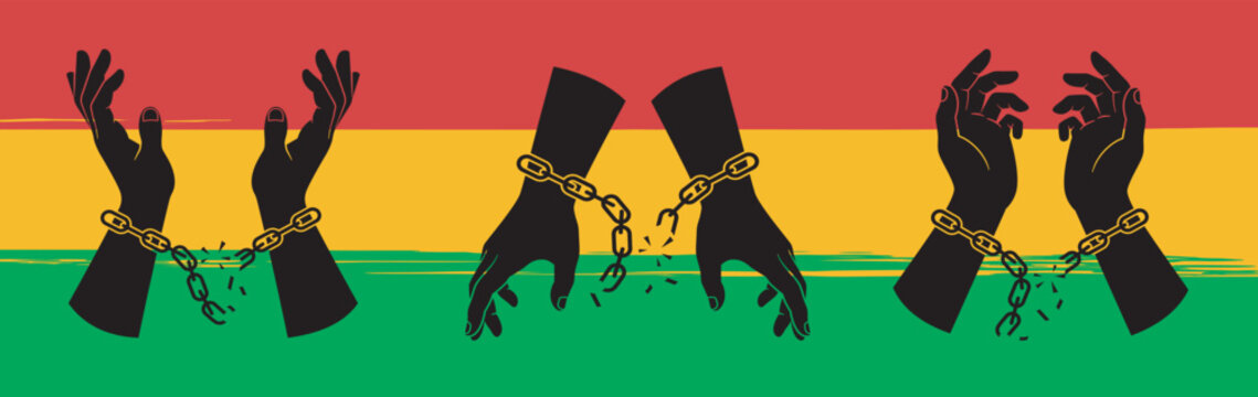 Hands breaking chains of handcuffs. symbol of slave freedom at Juneteenth celebration