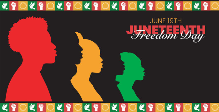 Juneteenth Independence Day Celebration banner with various side profile silhouettes of people and patterns