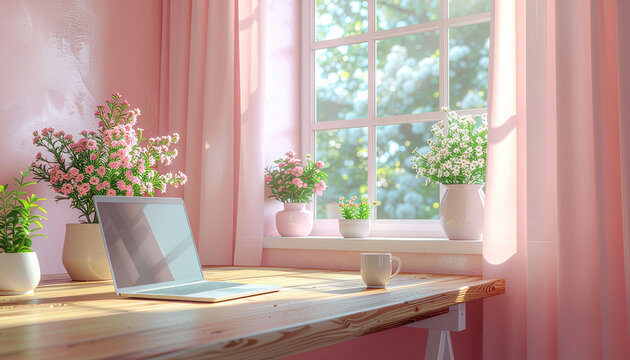 Remote working, spring. serene workspace with laptop on wooden desk, surrounded by pink flowers and sunlight streaming through window