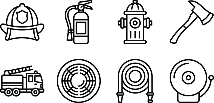 TITLE:
Firefighting equipment and fire safety line icon set. Firefighter gear, extinguisher, hydrant, truck, hose, and alarm vector illustration for emergency rescue and protection concepts.