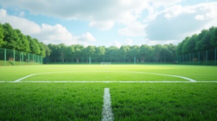 Obraz premium Freshly Cut Green Grass Field with White Line Marking Under Cloudy Sky in a Sports Complex Setting 