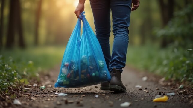 Person carries blue bag full of rubbish collected from forest path. Sunlight shines on ground with scattered litter. Environmental cleanup action happening