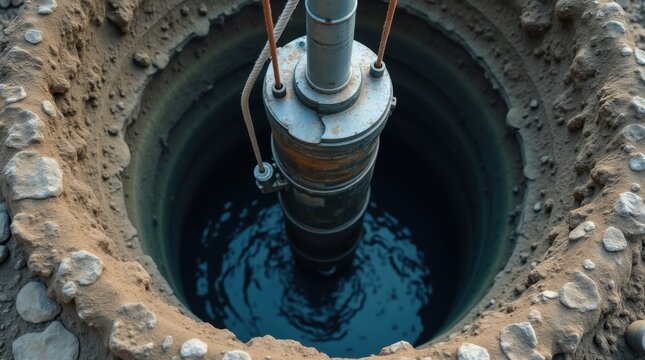 Submersible water pump being lowered into a deep borehole with metal pipe system and wire rope, representing well drilling and installation. pump mechanism, descending into a dark circular opening.  