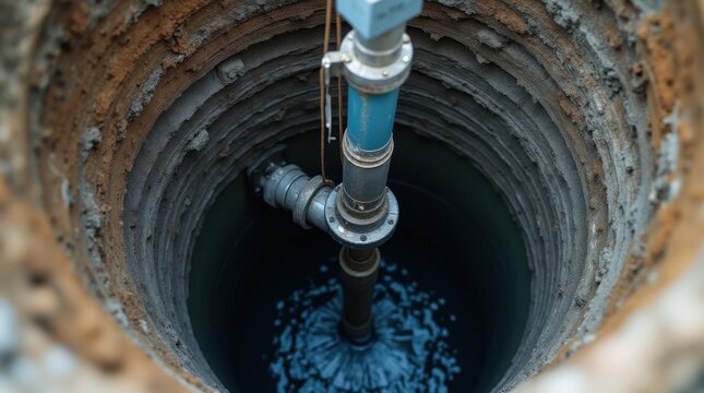 Submersible water pump being lowered into a deep borehole with metal pipe system and wire rope, representing well drilling and installation. pump mechanism, descending into a dark circular opening.  
