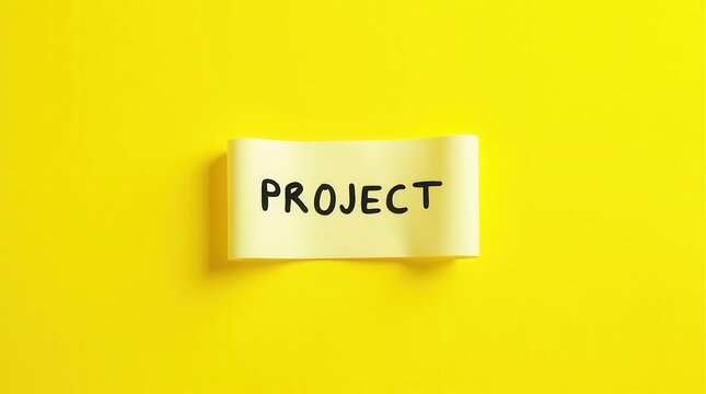 Words wrap up on bright yellow background. Paper roll and sticky note suggest project completion or task finalization. Clean concept for business summary or end of work.