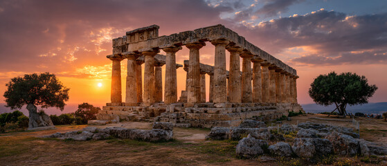 Obraz premium Ancient stone temple ruins standing in a dense green forest nature landscape minimalist
