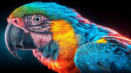 Obraz premium Close Up of a Colorful Parrot with Vibrant Plumage Against Dark Background