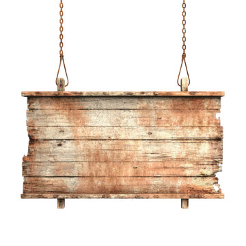 Rusty wooden sign hanging from chains isolated PNG with Transparent Background