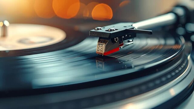 Close Up of Vinyl Record Player Turntable Playing Music.