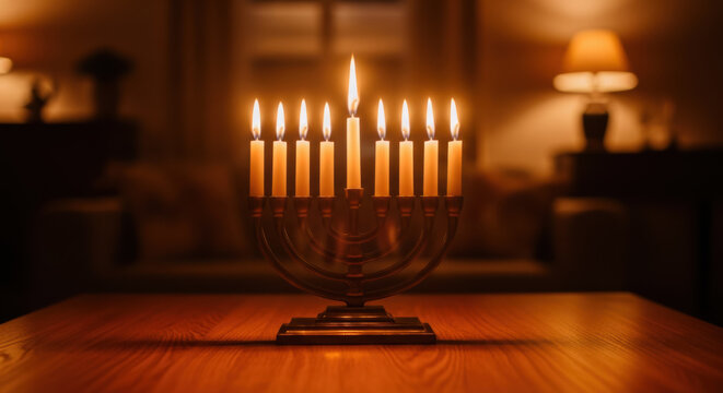 A fully lit Hanukkah menorah glows brightly on a wooden table in a warmly lit, domestic interior setting during the festival of lights.