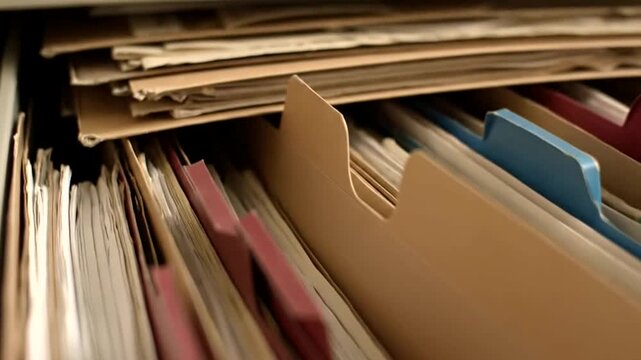 Filing cabinet drawer filled with organized documents and folders.