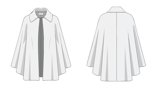 Elegant fashion illustration of a contemporary white cape garment showcasing a sophisticated collar design in both front and back views a versatile