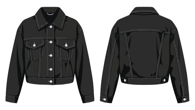 Modern minimalist black denim jacket flat technical drawing front and back views for fashion apparel design