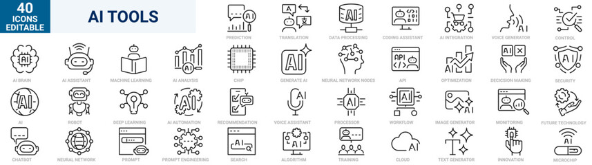 Naklejka na ściany i meble AI tools line icons set. Artificial intelligence, machine learning, neural network, chatbot, automation, data processing, prompt engineering, smart assistant and digital technology symbols. Modern out