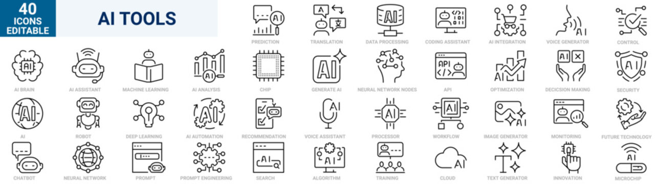 AI tools line icons set. Artificial intelligence, machine learning, neural network, chatbot, automation, data processing, prompt engineering, smart assistant and digital technology symbols. Modern out