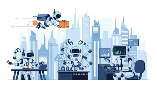 Flat 2D illustration of robots replacing humans in various jobs with automation and AI concept in a cityscape background.