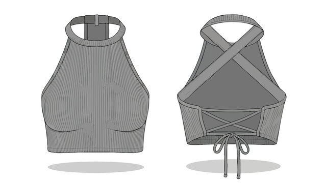 Contemporary ribbed halter neck crop top technical flat illustration featuring front and detailed tie-back design