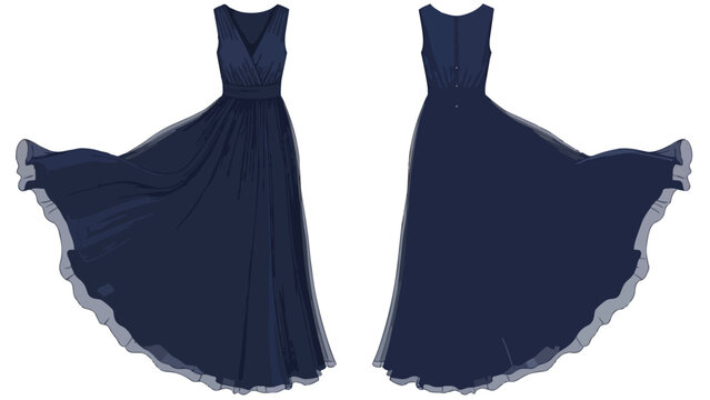 Elegant flowing navy chiffon gown with V-neck bodice and graceful skirt presented in front and back views