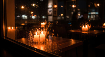 Fototapeta premium Two white pillar candles burn brightly on a dark wooden surface inside a restaurant, viewed through a rain-streaked window at night.