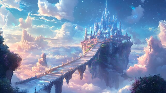Fantasy castle in the sky with a bridge leading to the majestic structure