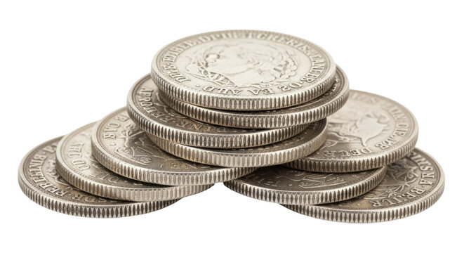 Pile of old silver coins isolated on transparent background, antique currency with detailed inscriptions and textured edges PNG
