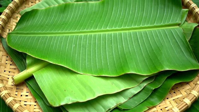 Fresh green banana leaves in basket.