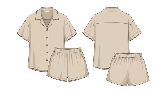 Technical flat sketch of a casual two-piece loungewear set, shirt and shorts. This illustration provides garment design details for apparel creation