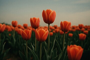 Fototapeta premium Vibrant tulips in serene field.