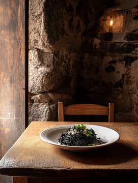 Traditional Italian Pasta al Nero di Seppia (Squid Ink Pasta) served in a rustic stone tavern with atmospheric candlelight and wooden textures.