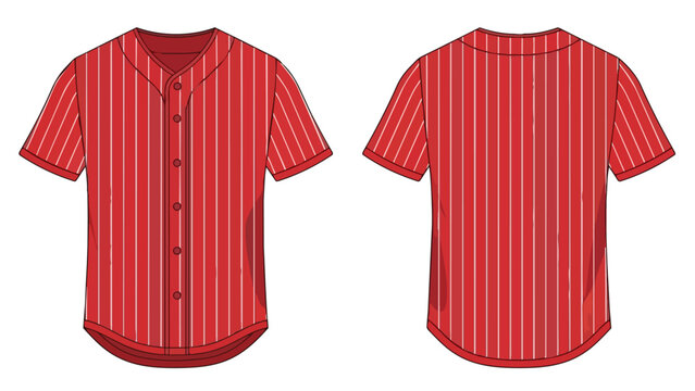 Striking red pinstriped baseball jersey design flat lay illustration showcasing front and back views ideal for sports team apparel concepts or