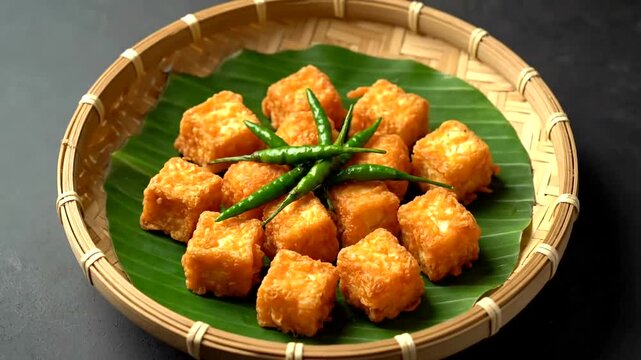 Fried Tofu Cubes on Green Leaf.