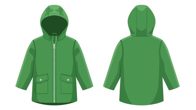 Functional green hooded raincoat illustration featuring front and back views complete with zipper and pockets ideal for rainy day protection and
