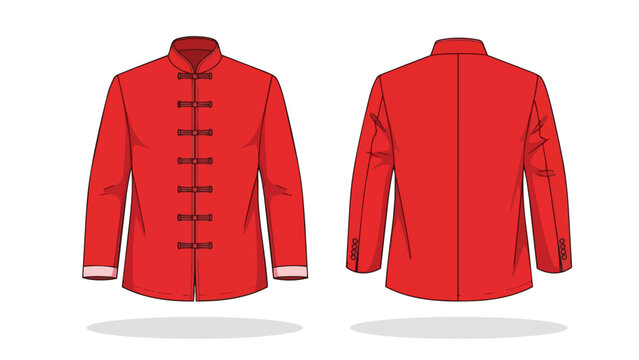 Vector illustration of a vibrant red traditional Chinese jacket with frog buttons and mandarin collar, showing front and back views