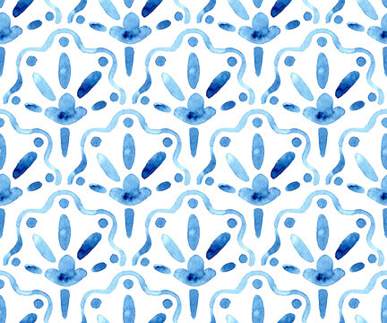 Seamless blue watercolor tile pattern. Hand drawn ornamental shapes inspired by ceramic tiles. Soft artistic texture. Decorative design for wallpaper, textile, packaging and backgrounds.