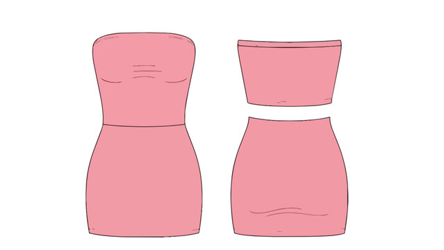 This artwork features a chic pink strapless mini dress silhouette alongside its versatile two-piece counterpart a stylish crop top and skirt combo a