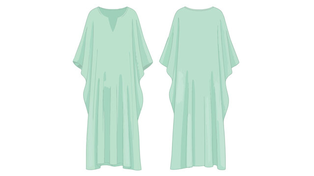 Elegant aqua caftan garment design front and back views for fashion illustration and apparel development featuring flowing silhouette and v-neck