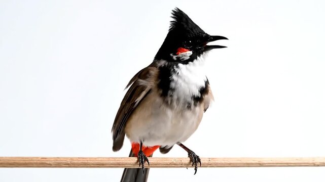 Red-whiskered Bulbul bird perching on branch against white background