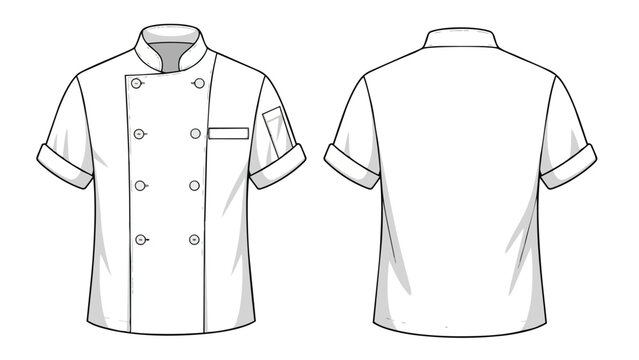 Chef uniform flat sketch, white short sleeve chef jacket front and back view technical drawing, professional kitchen attire template for culinary