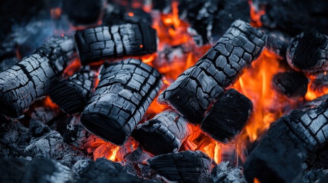 Close-up view of burning charcoal briquettes in a fire pit.  Hot embers glow brightly amidst the charcoal