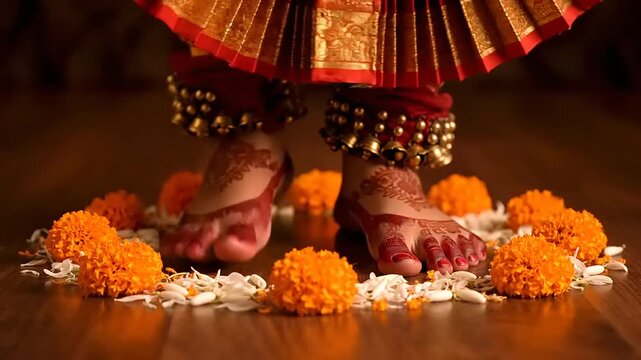 Indian classical dance performer's feet adorned with anklets and surrounded by marigold flowers during a traditional performance