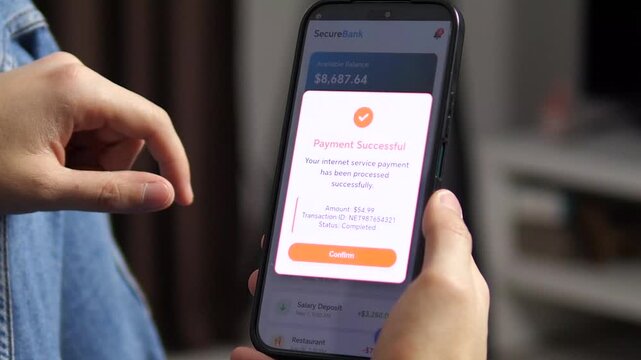 Male hands using mobile banking app to check internet service payment receipt details. Authentic home setting, seamless cashless transaction and personal finance management concept for modern audience