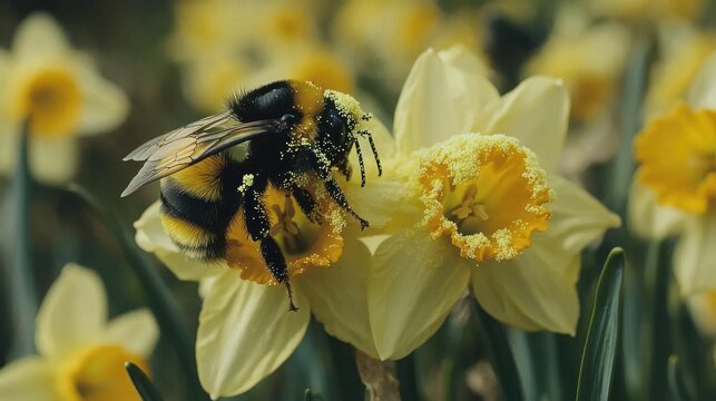 Bumble bee pollinating daffodils. Close-up view of a bee collecting pollen from a cluster of pale yellow daffodils