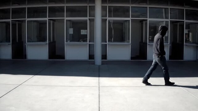 A person walks past a modern building with glass windows, casting a long shadow on the pavement, captured in a sequence from early to late stages of walking.
